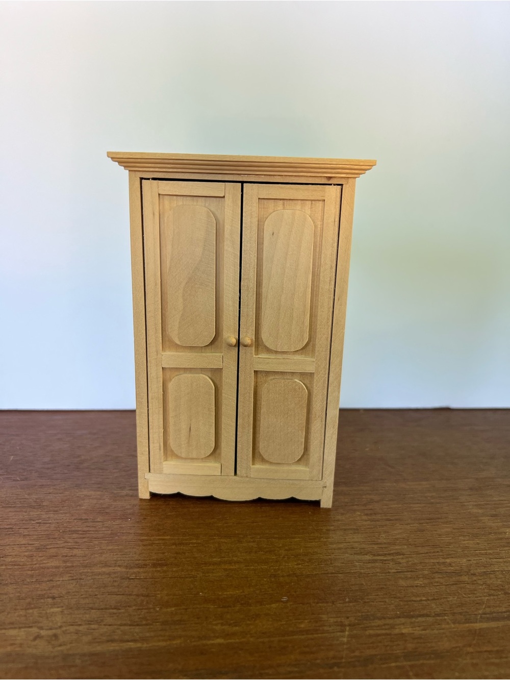 Miniature Wooden Armoire Dollhouse Wardrobe - Natural Wood 1:12 Scale